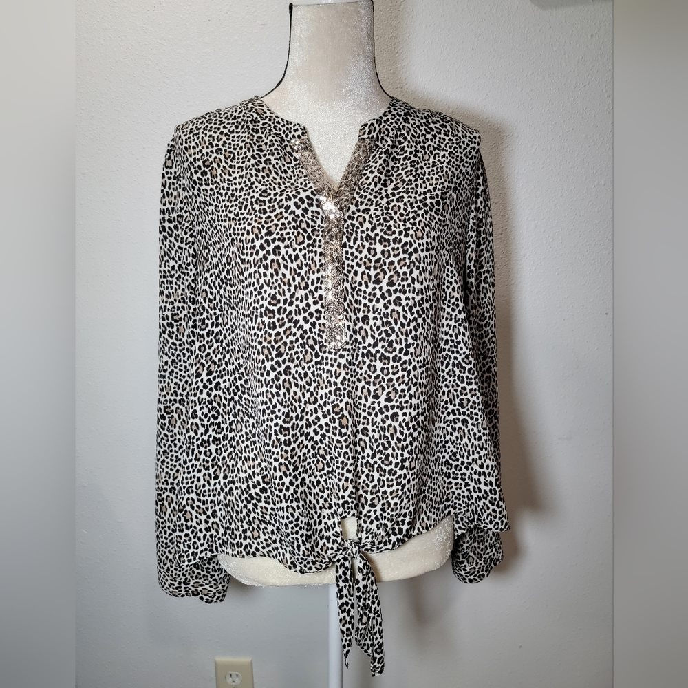 Chico's Cheetah Print Sequence V Neck Tie Waist Blouse Animal Size 2/Large/12